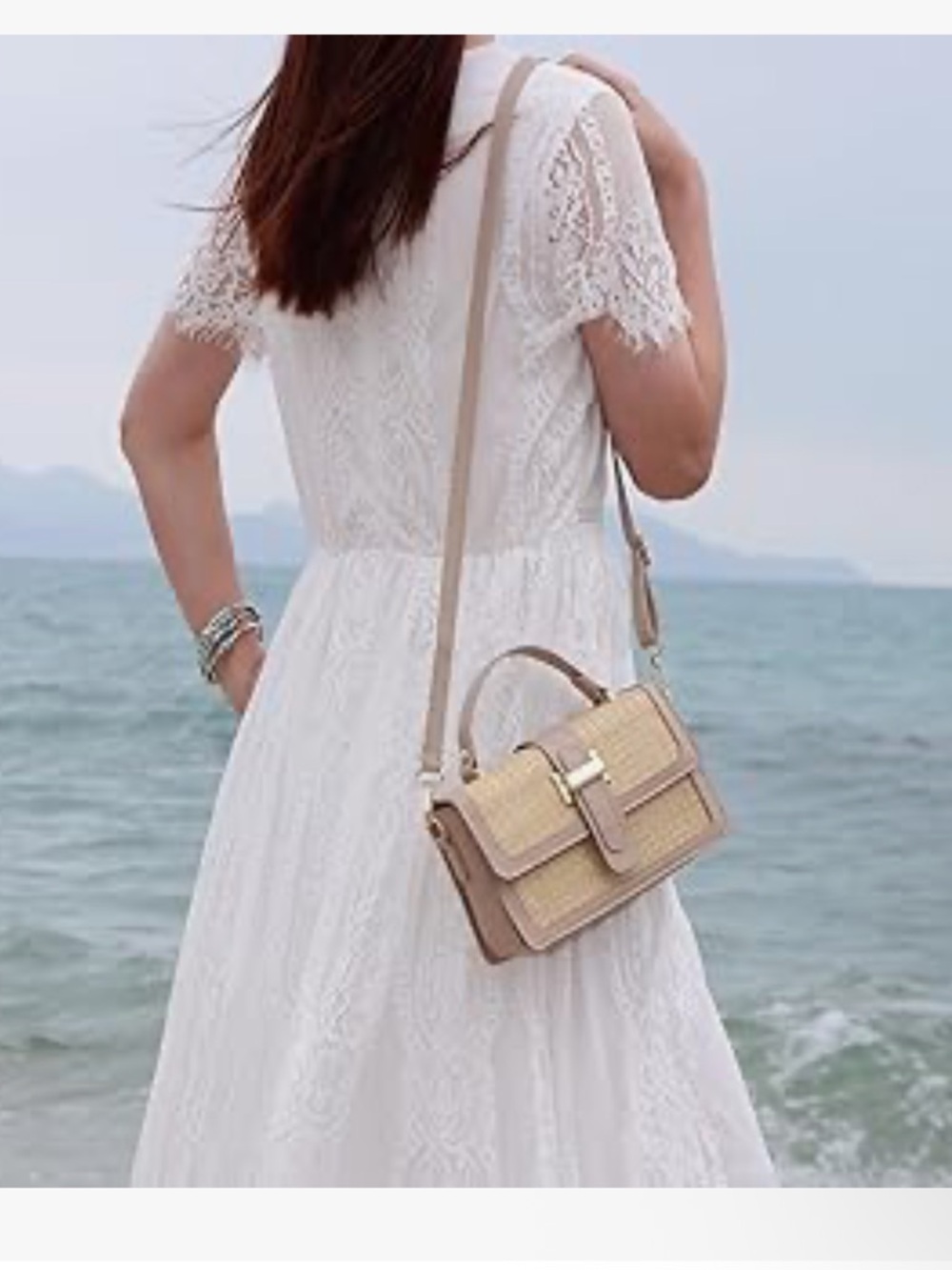 Woven Khaki Top-Handle Crossbody Bag with Detachable Strap - Picture 2 of 6